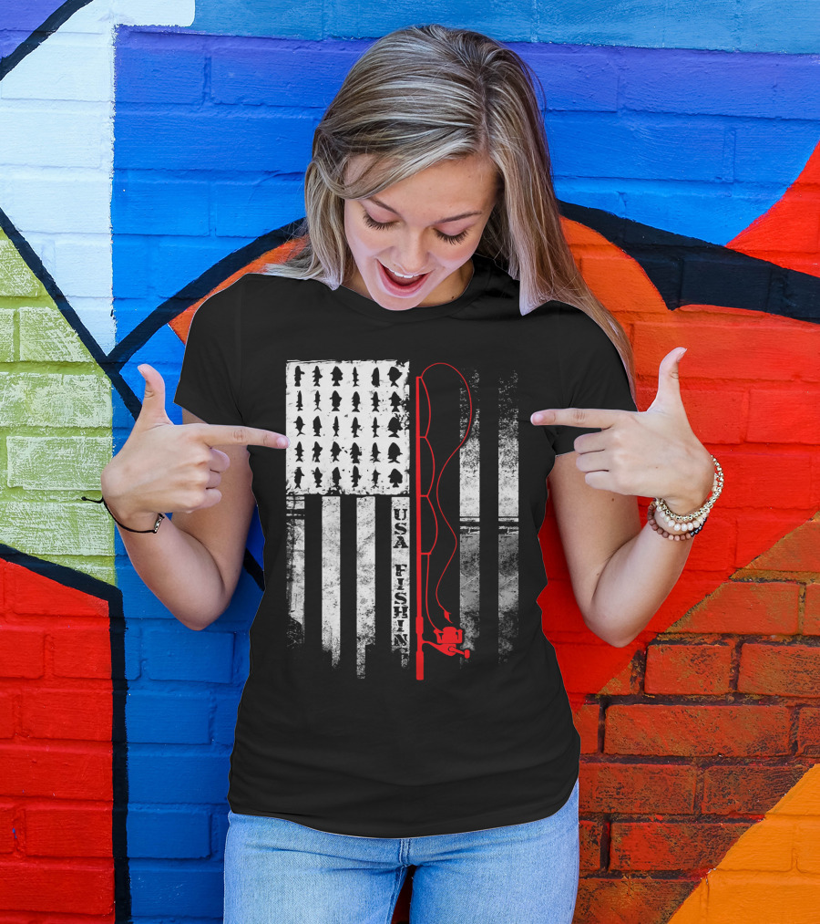 USA Fishing Flag Red Fishing Rod T-Shirt