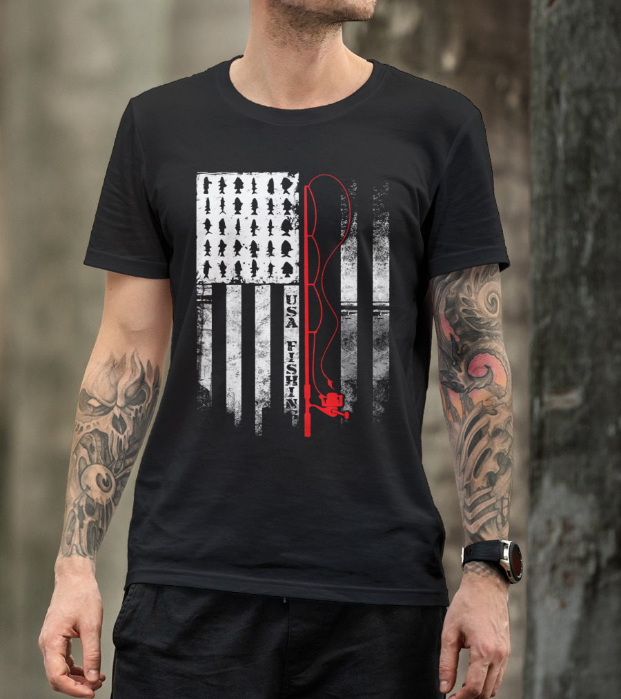 USA Fishing Flag Red Fishing Rod T-Shirt