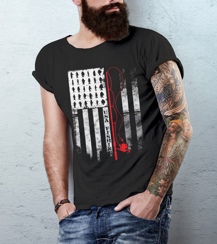 USA Fishing Flag Red Fishing Rod T-Shirt