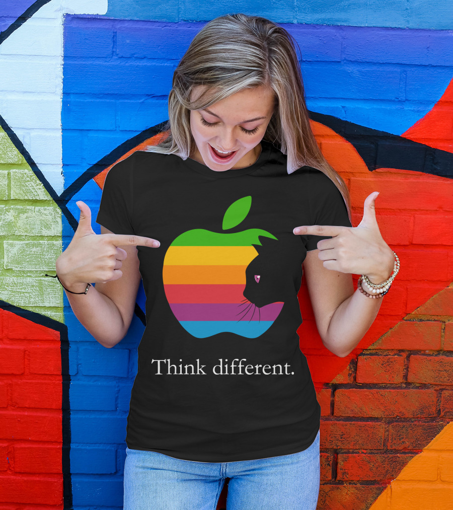 Think Different Apple Logo Rainbow Cat Face T-Shirt