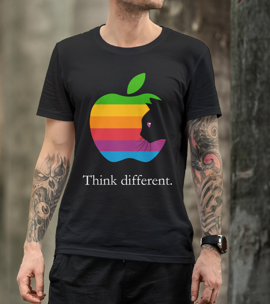 Think Different Apple Logo Rainbow Cat Face T-Shirt