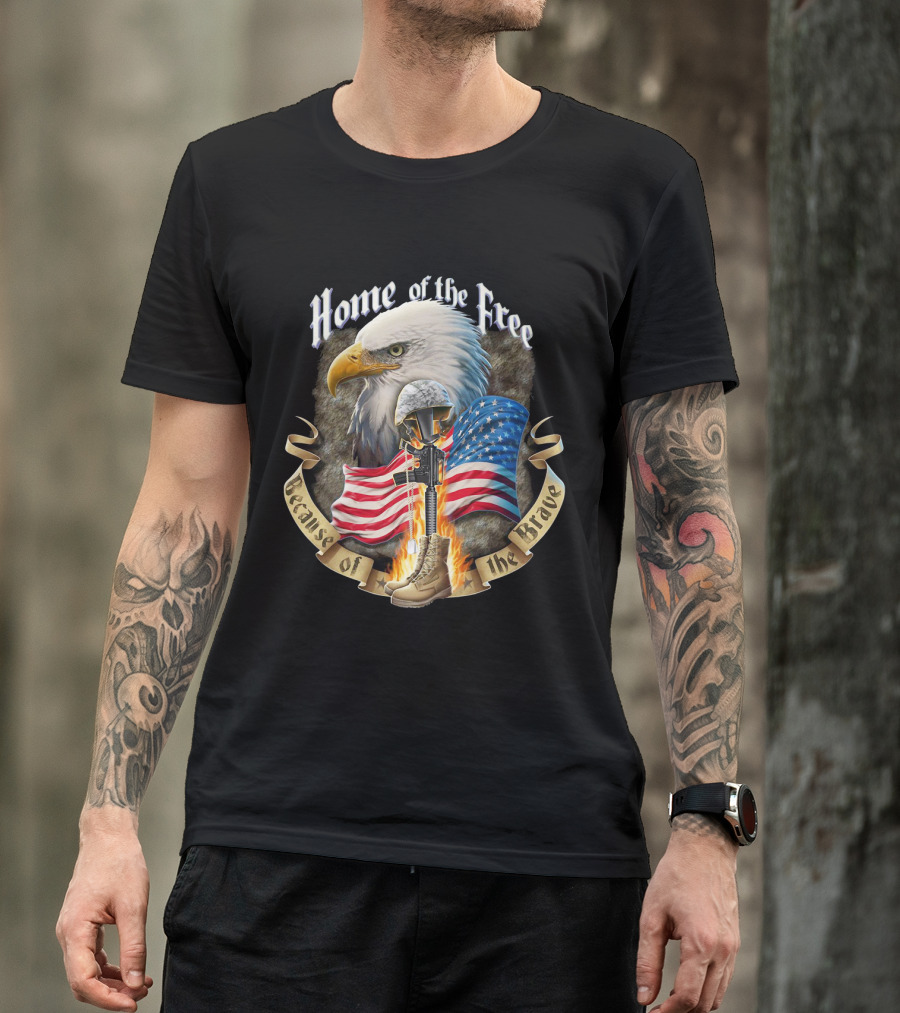 Home Of The Free Because Of The Brave American Eagle Soldier Helmet Flag T-Shirt