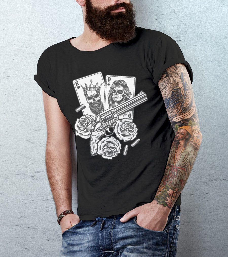 Hippie V Dead Rainbow Bertha Tie Dye King Queen Playing Cards Skulls Gun Roses Bullets T-Shirt