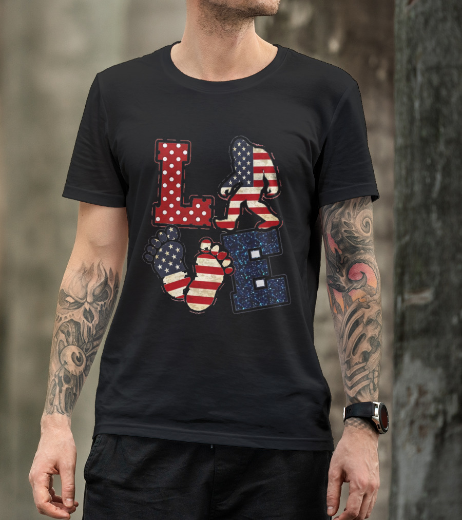 Patriotic Bigfoot Love American Flag T-Shirt
