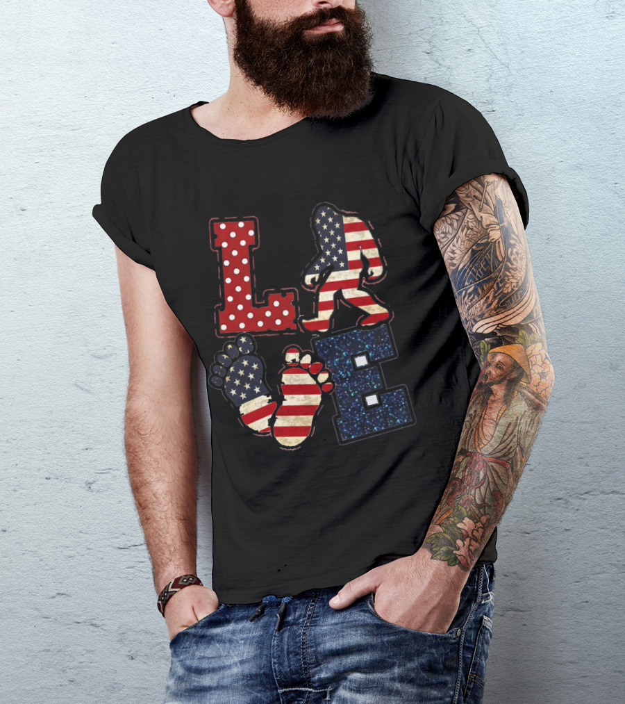 Patriotic Bigfoot Love American Flag T-Shirt