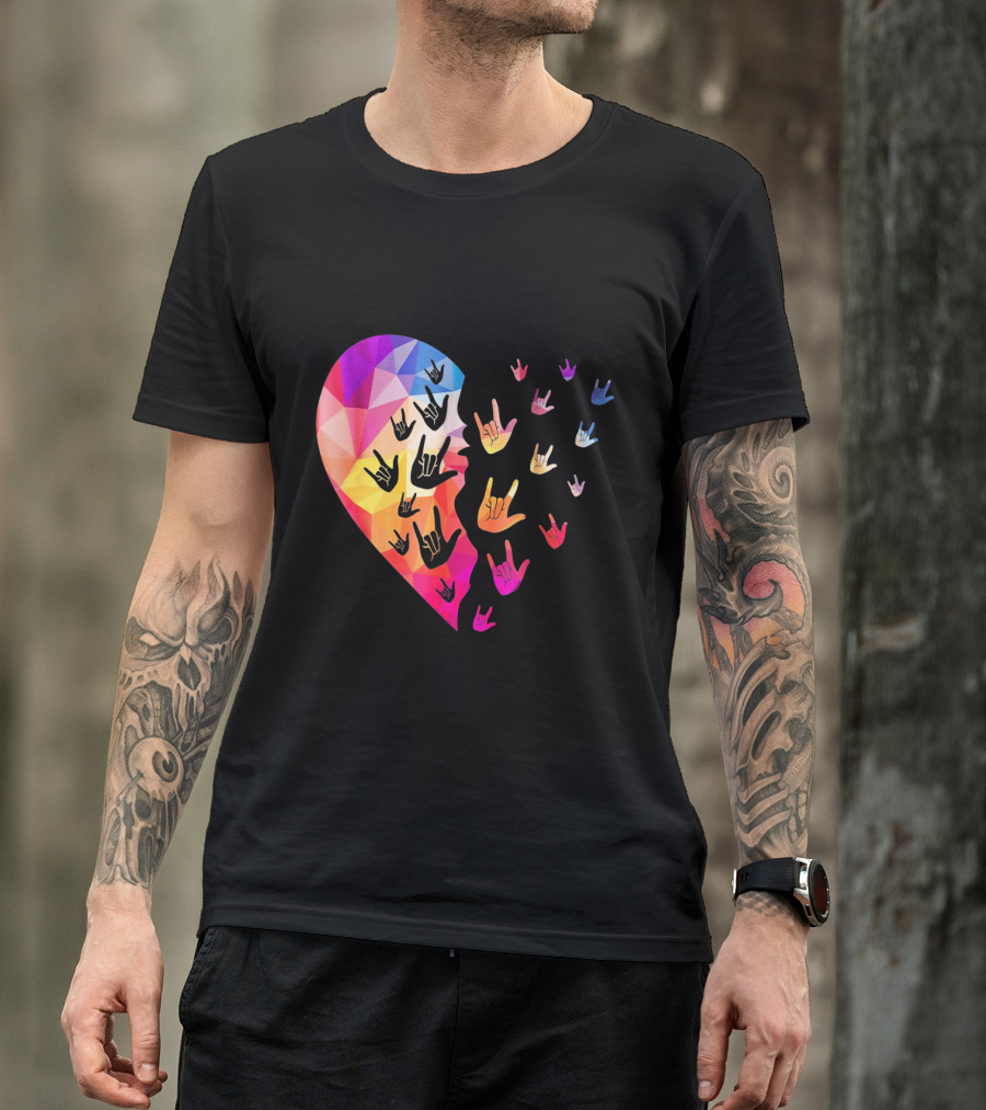 Broken Geometric Heart With Colorful Sign Language Hands T-Shirt