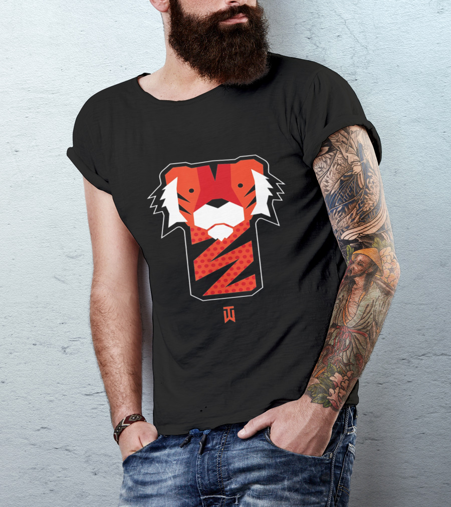 Frank Tiger Wood Inspired Graphic Featuring Bold Red Tiger Icon And TW T-Shirt