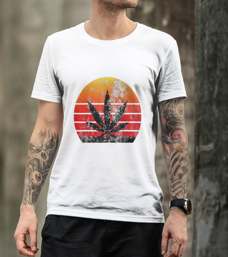 Vintage Sunset Marijuana Weed Leaf T-Shirt