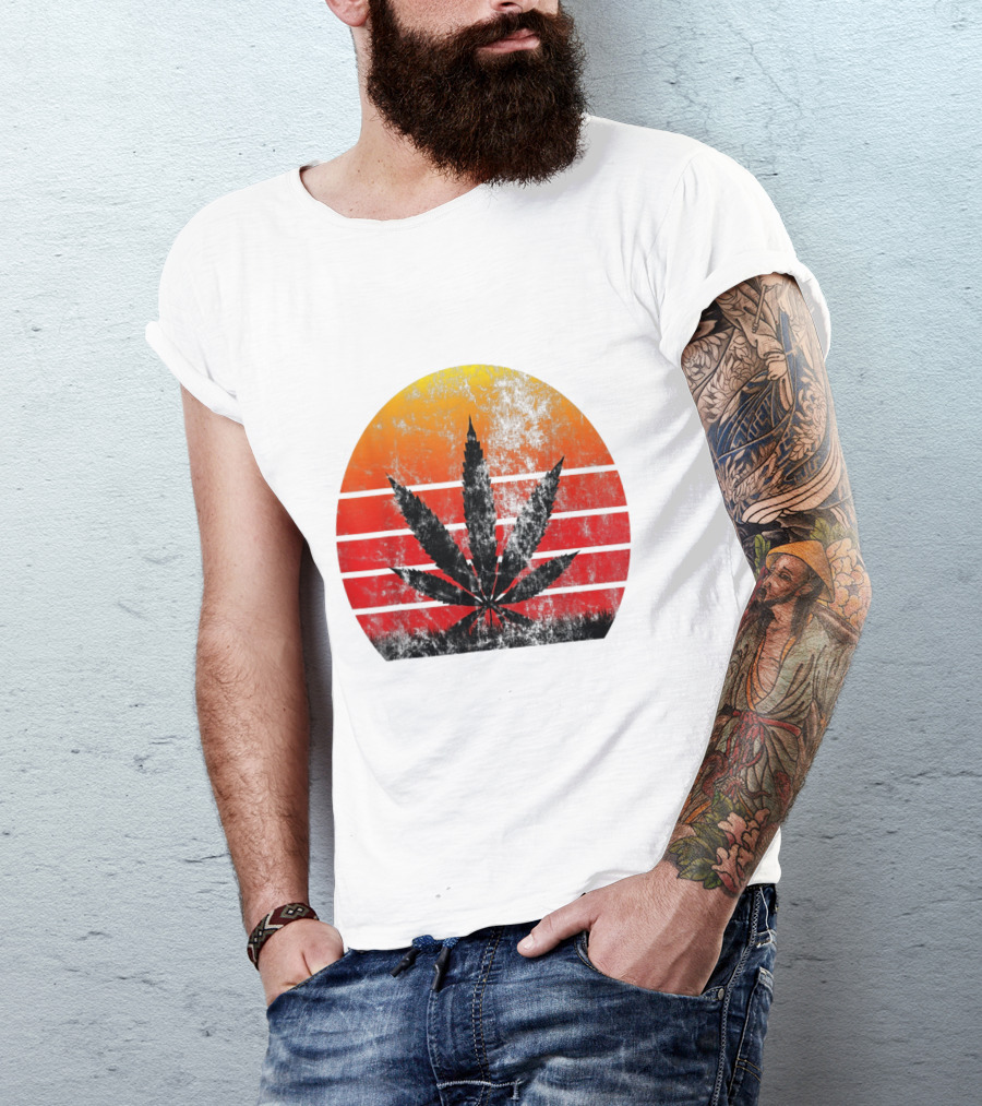Vintage Sunset Marijuana Weed Leaf T-Shirt