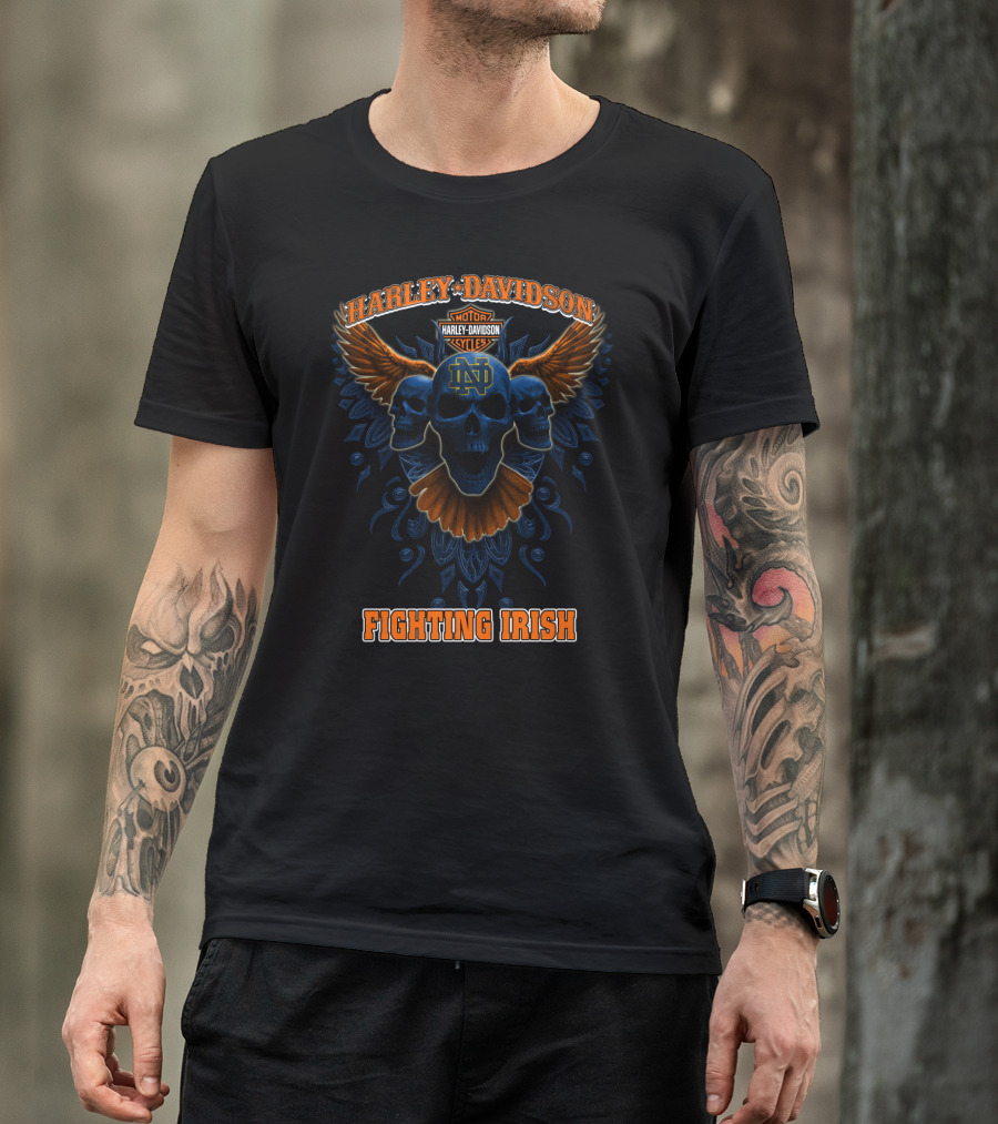 Harley Davidson Motorcycles Notre Dame Fighting Irish Skulls Wings T-Shirt