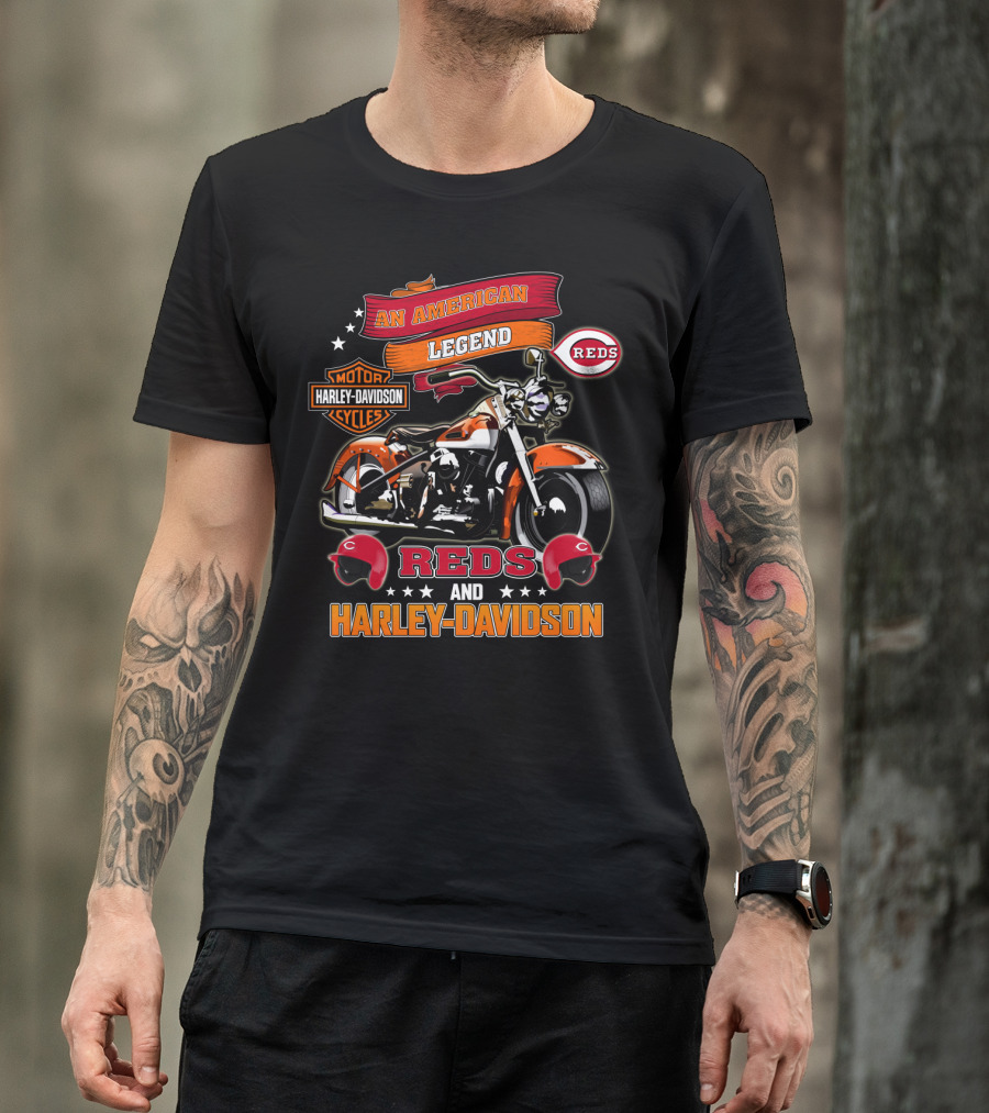 An American Legend Reds And Harley Davidson Motorcycle Mlb T-Shirt