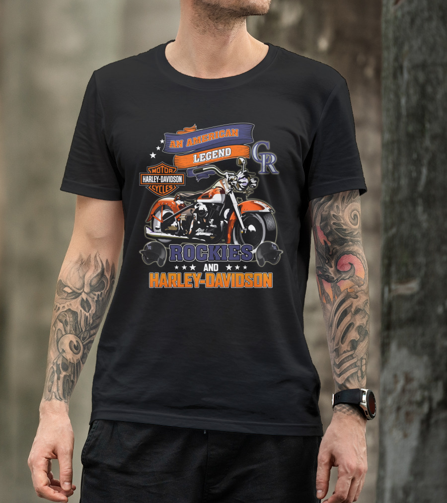 An American Legend Rockies And Harley Davidson Motor Cycles T-Shirt