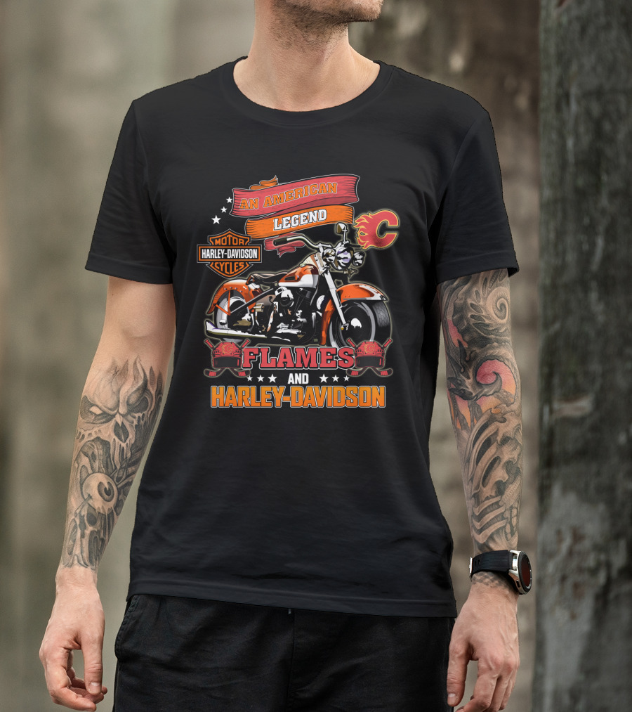 An American Legend Flames And Harley Davidson Calgary Nhl T-Shirt