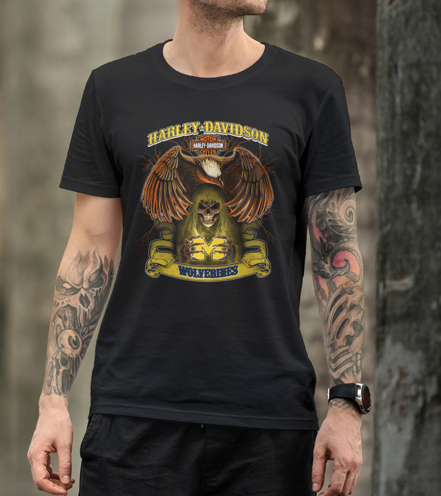 Harley Davidson Motorcycles Michigan Wolverines Ncaa Skull Eagle T-Shirt