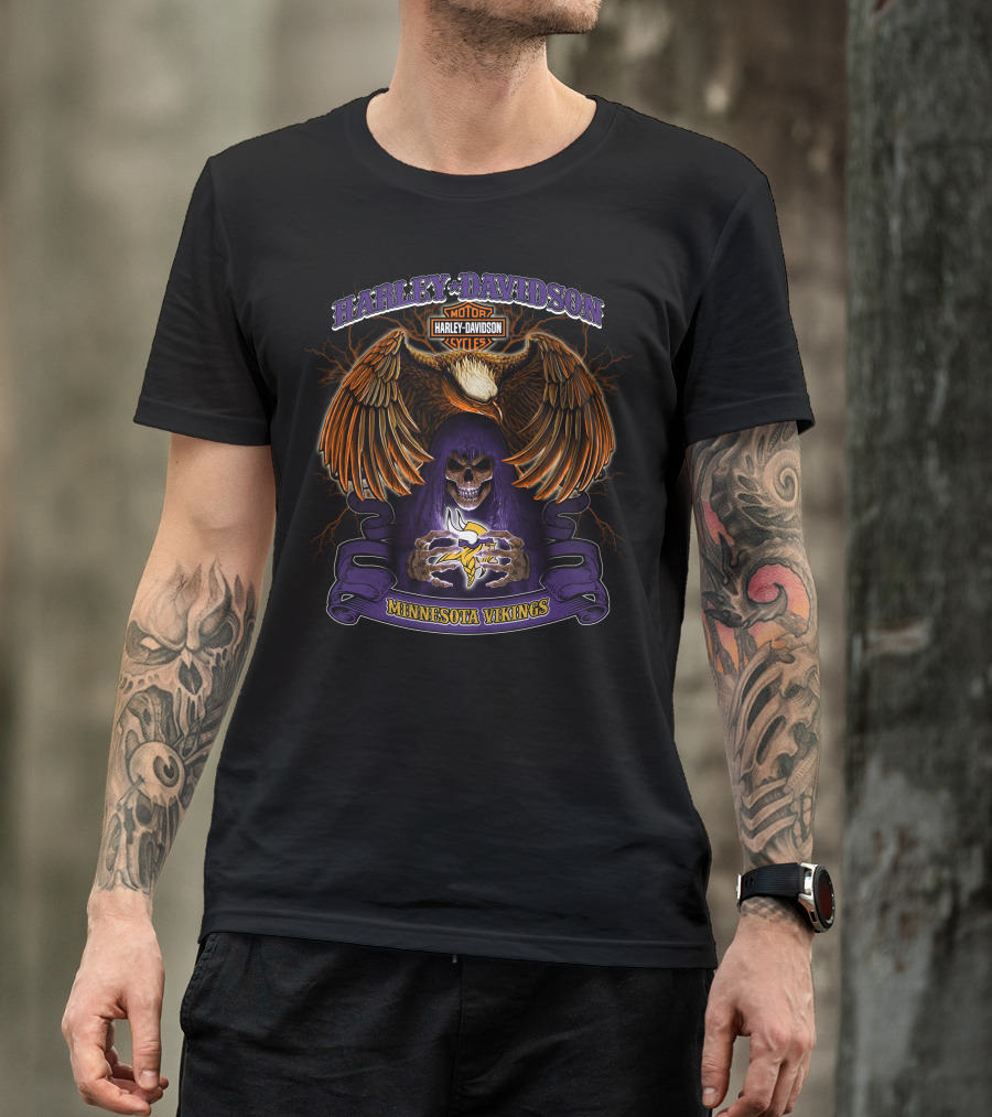Harley Davidson Minnesota Vikings Nfl Skull And Eagle T-Shirt