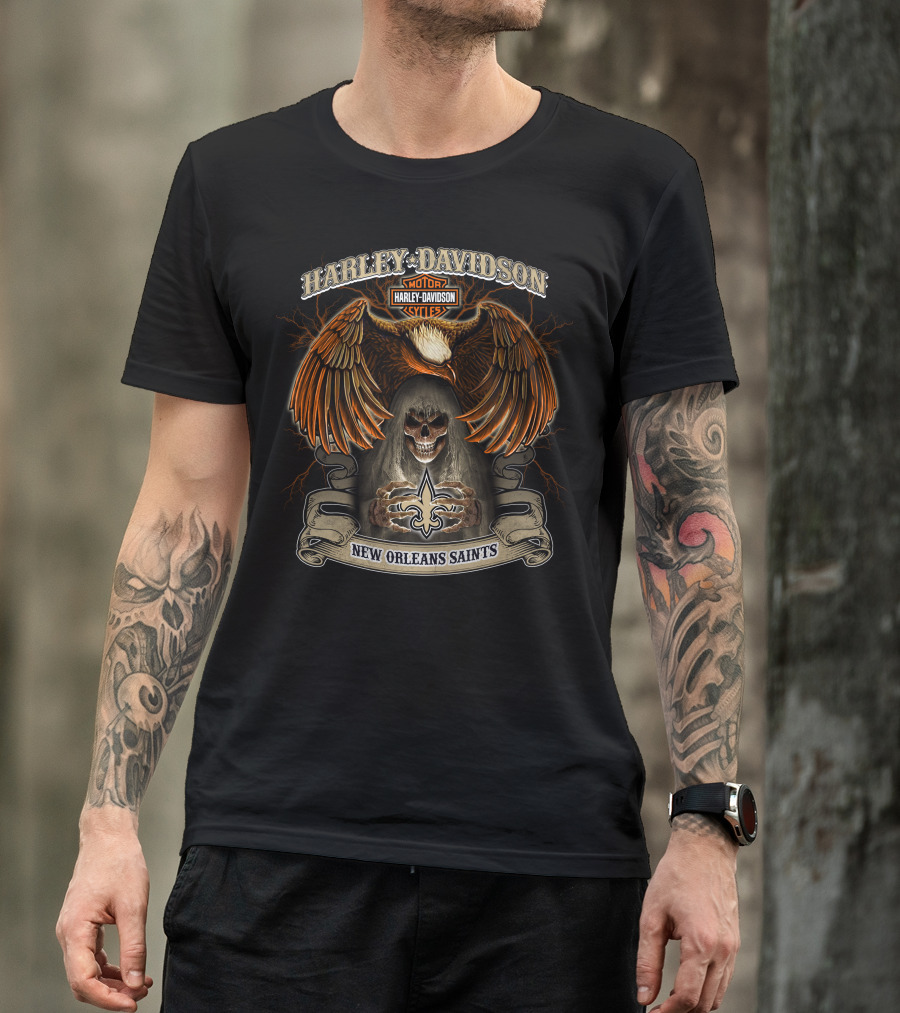 Harley Davidson Motorcycles New Orleans Saints Nfl Eagle And Skull T-Shirt
