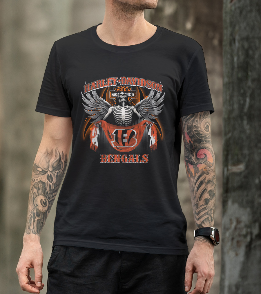 Harley Davidson Motor Cincinnati Bengals Skeleton Wings T-Shirt