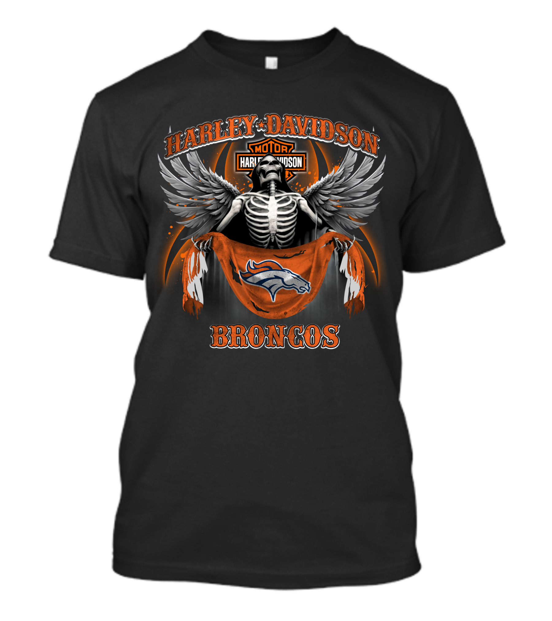 Harley Davidson Denver Broncos Motorcycle Skeleton Wings T-Shirt