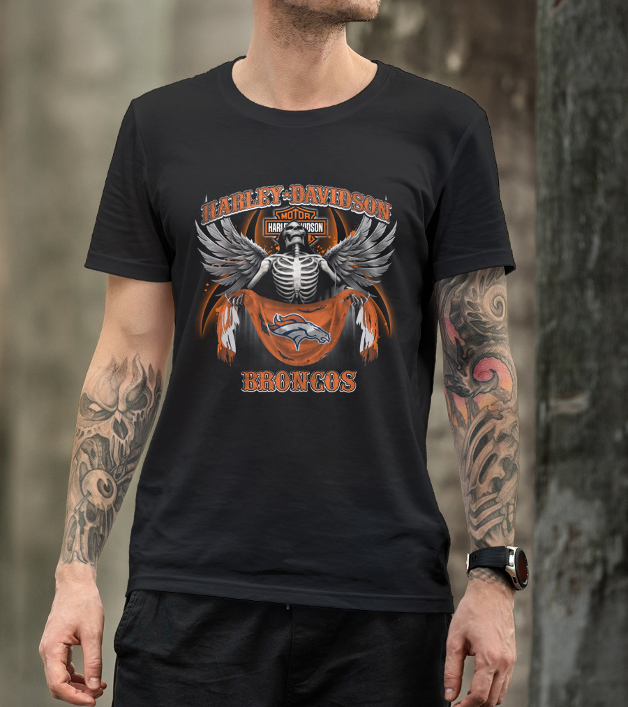 Harley Davidson Denver Broncos Motorcycle Skeleton Wings T-Shirt