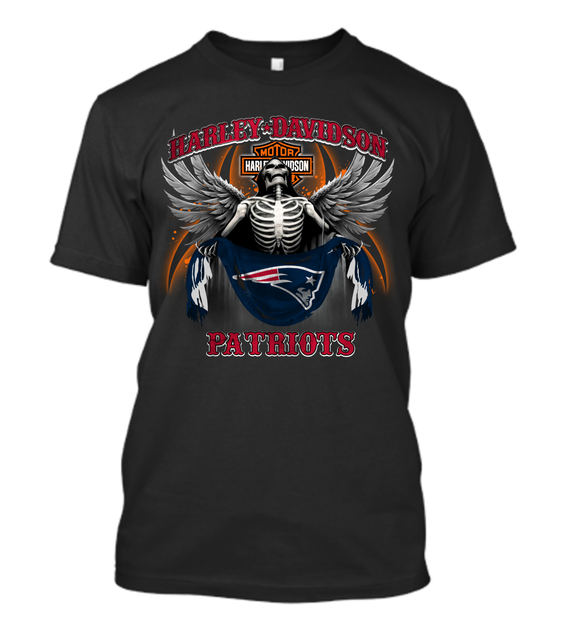 Harley Davidson New England Patriots Skeleton Wings Nfl T-Shirt