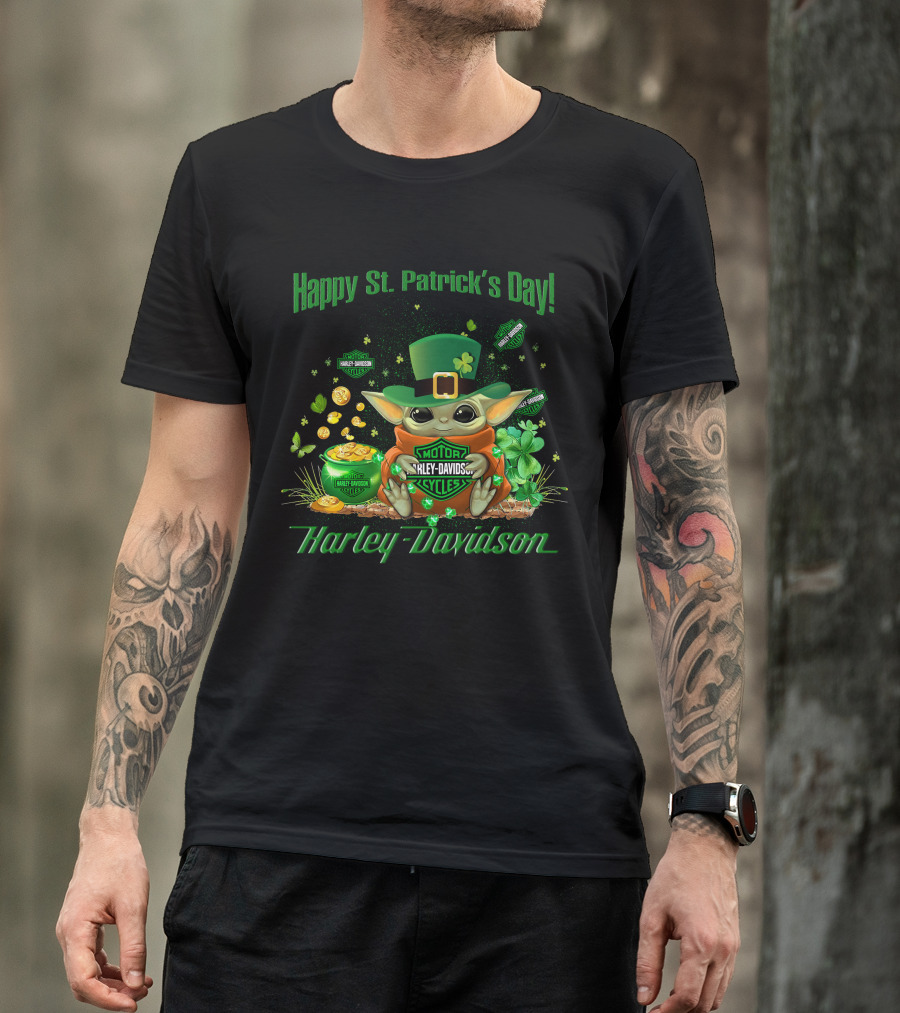 Happy St. Patrick's Day Baby Yoda Harley Davidson T-Shirt