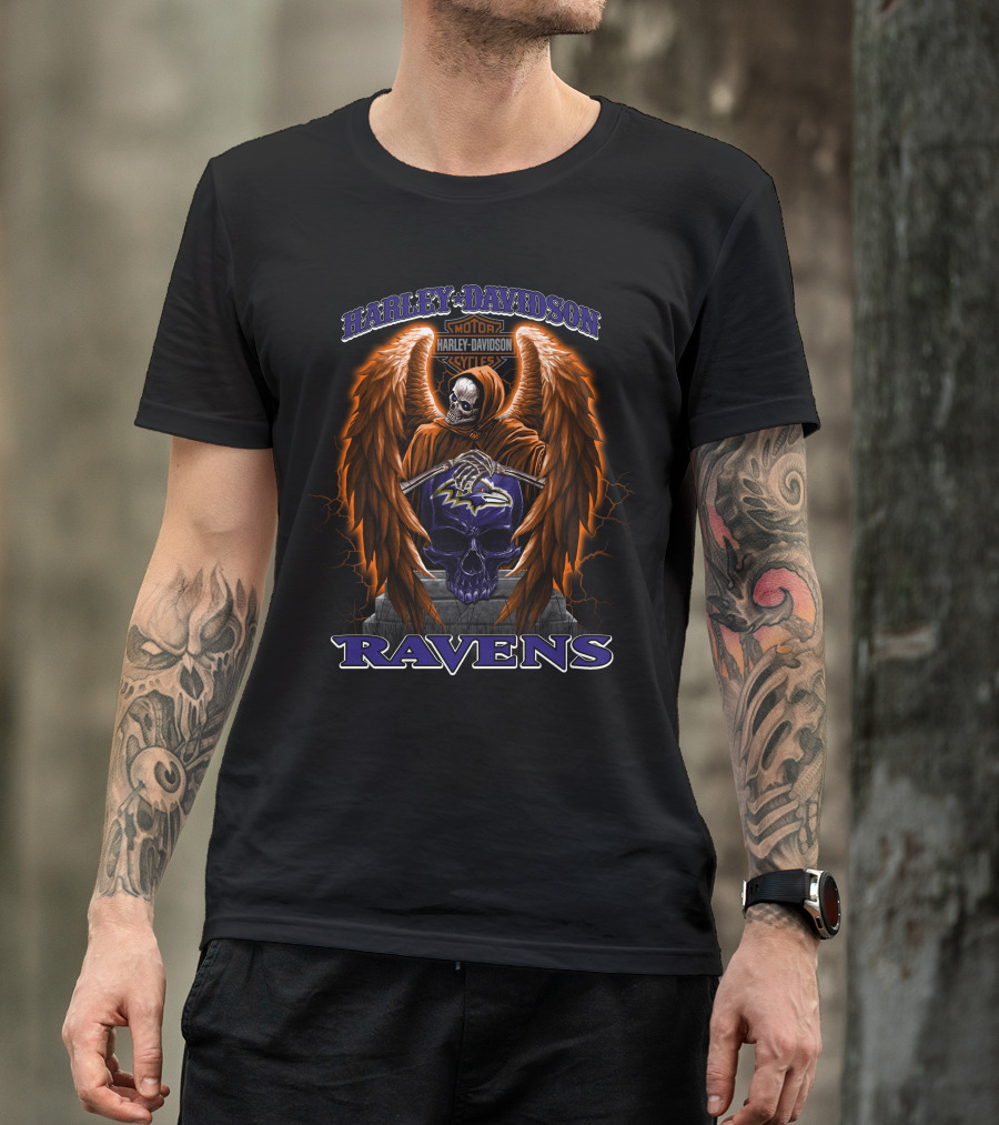 Harley Davidson Motorcycles Baltimore Ravens Nfl Skull Wings Skeleton T-Shirt