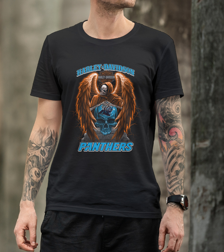 Harley Davidson Motor Cycles Panthers Winged Skeleton Skull T-Shirt