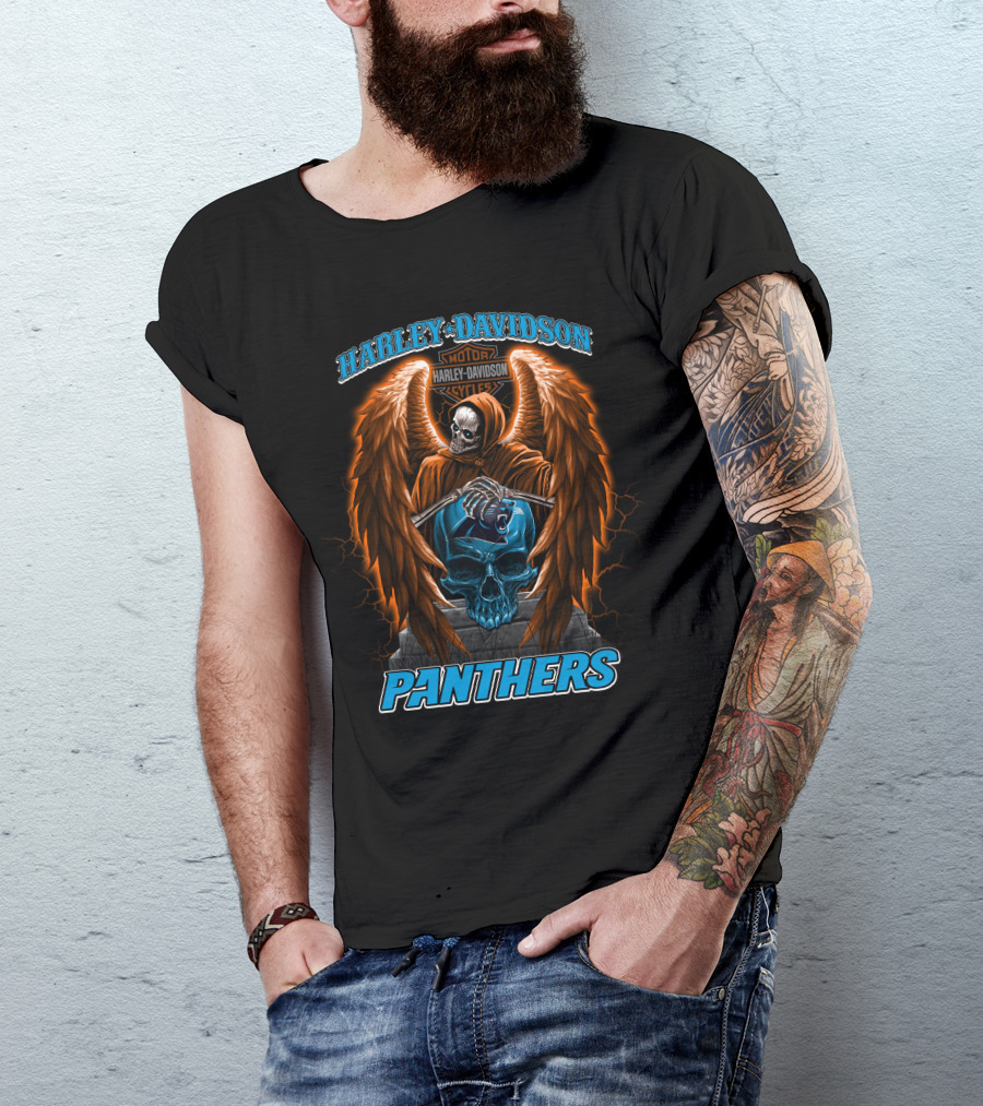 Harley Davidson Motor Cycles Panthers Winged Skeleton Skull T-Shirt