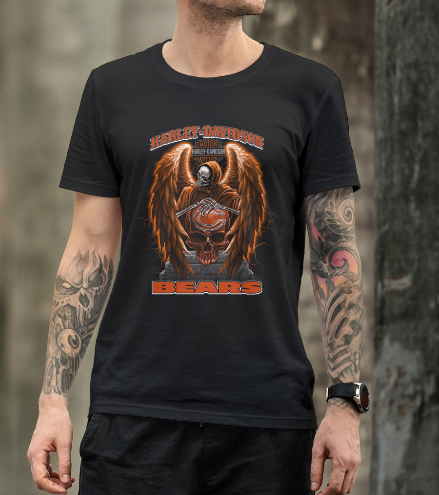 Harley Davidson Motorcycles Chicago Bears Skull Wings T-Shirt