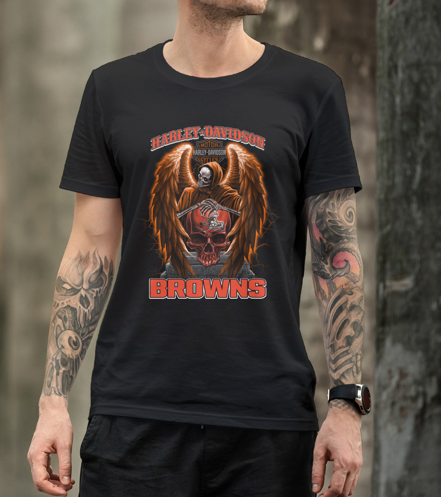 Harley Davidson Motorcycles Cleveland Browns Skull Angel Wings Nfl T-Shirt