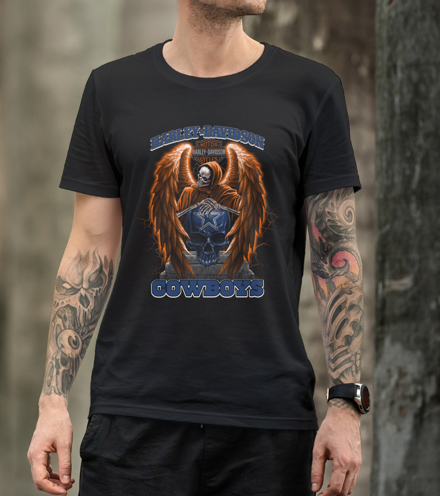 Harley Davidson Cowboys Nfl Skeleton With Wings And Skull T-Shirt