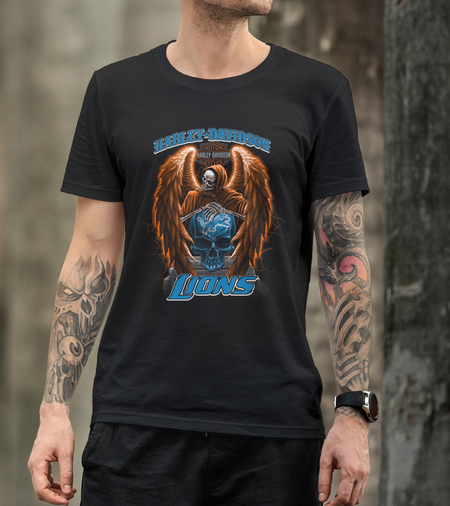 Harley Davidson Motorcycles Detroit Lions Skull With Angel Wings T-Shirt