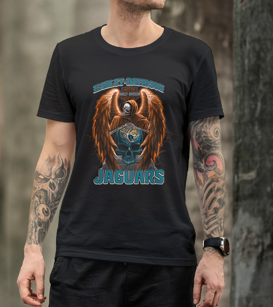 Harley Davidson Skull With Wings And Jacksonville Jaguars T-Shirt