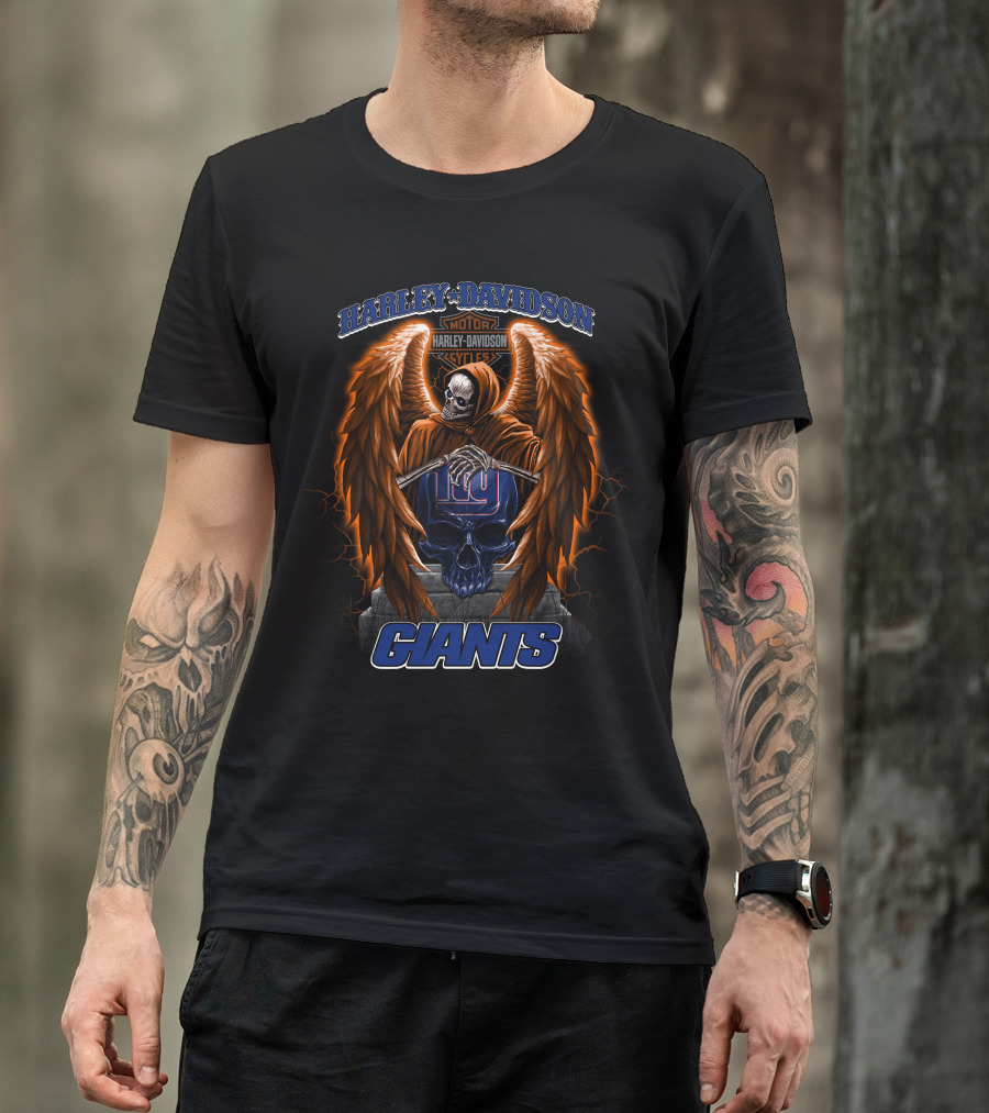 New York Giants Harley Davidson Nfl Collaboration With Skull And Wings T-Shirt