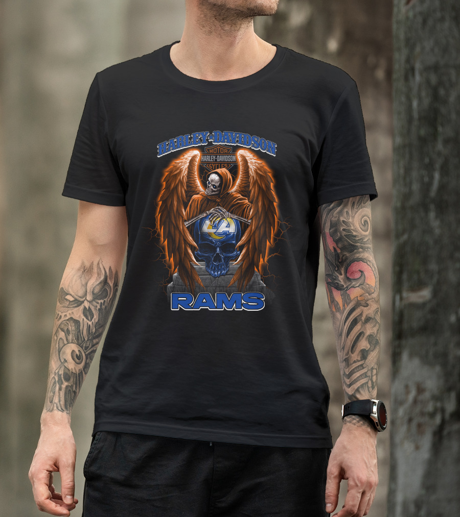 Harley Davidson Motorcycles Los Angeles Rams Nfl Skull Wings T-Shirt