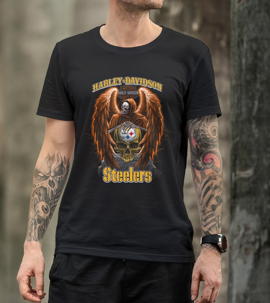 Harley Davidson Motorcycles Steelers Skull With Wings Nfl Pittsburgh T-Shirt