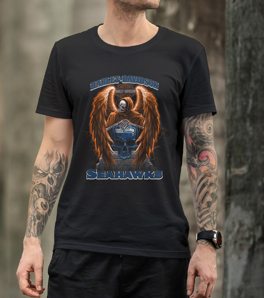 Seattle Seahawks Nfl Harley Davidson Skull Wings T-Shirt