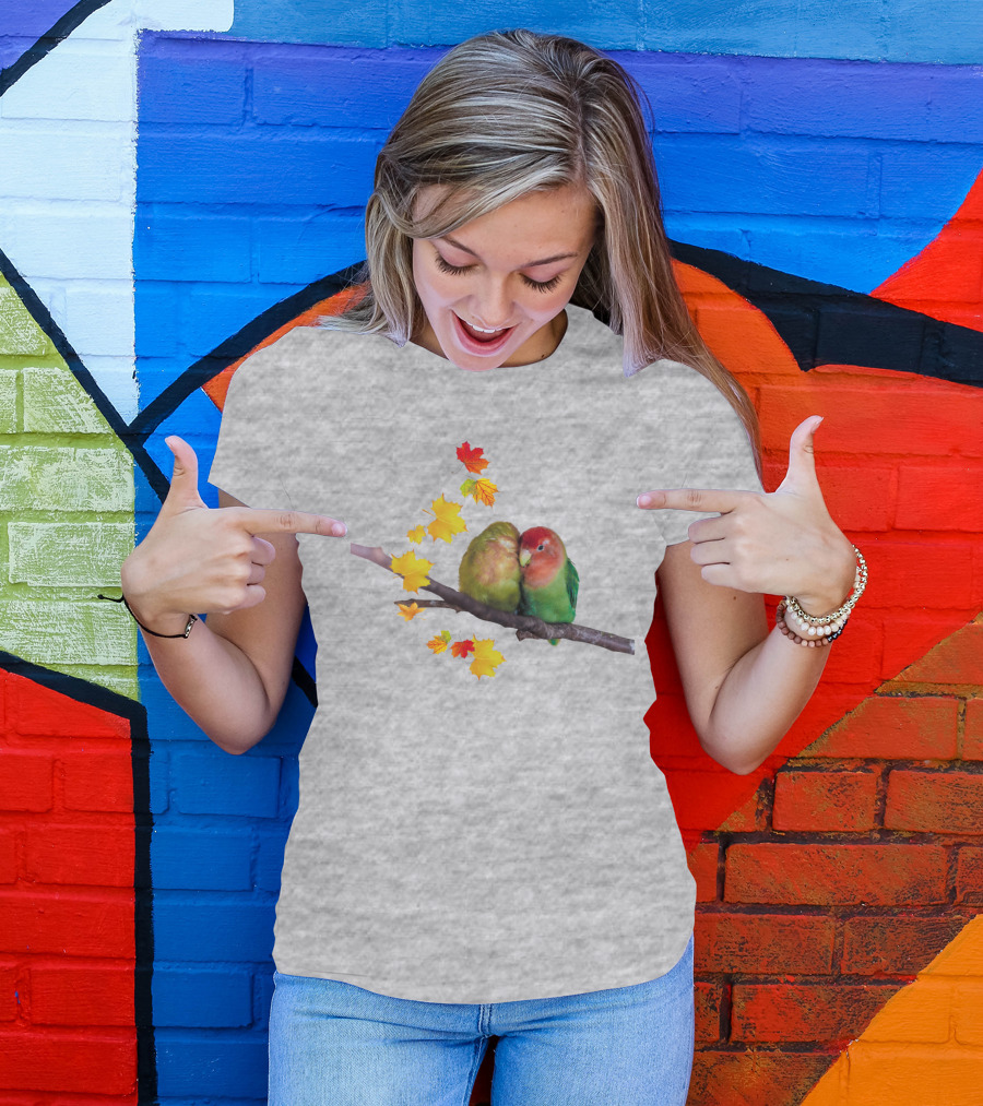 Lovebirds With Autumn Leaves On Branch T-Shirt