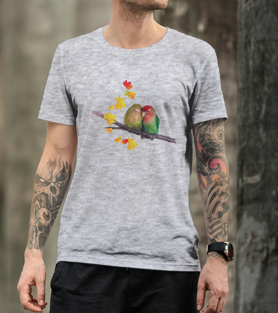 Lovebirds With Autumn Leaves On Branch T-Shirt