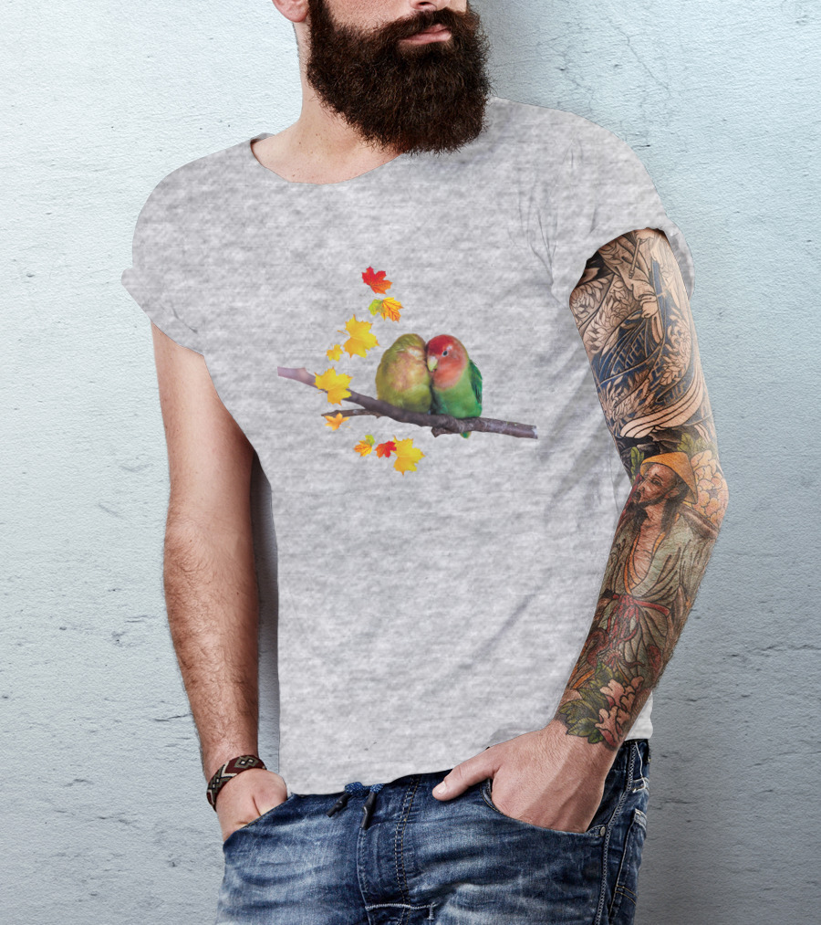 Lovebirds With Autumn Leaves On Branch T-Shirt