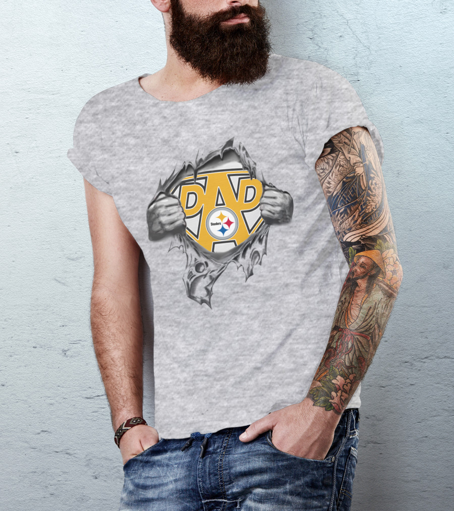 Pittsburgh Steelers Super Dad Shield With Logo Rip Reveal T-Shirt