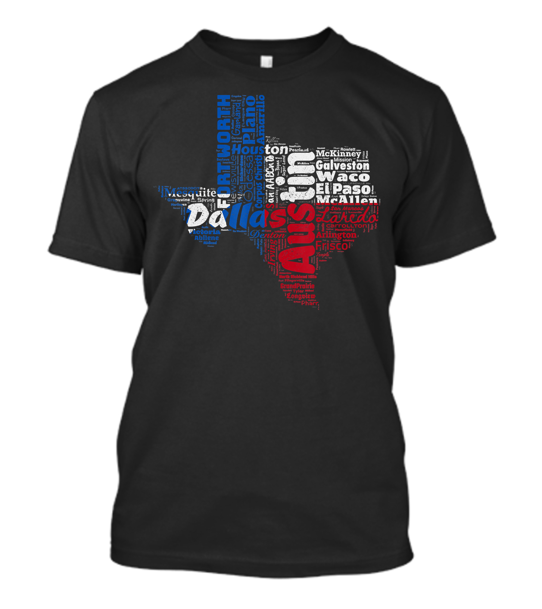 Texas State Map With Cities Austin Dallas Houston Fort Worth El Paso Waco McAllen Plano Galveston Frisco Amarillo Laredo In Star Flag Colors T-Shirt