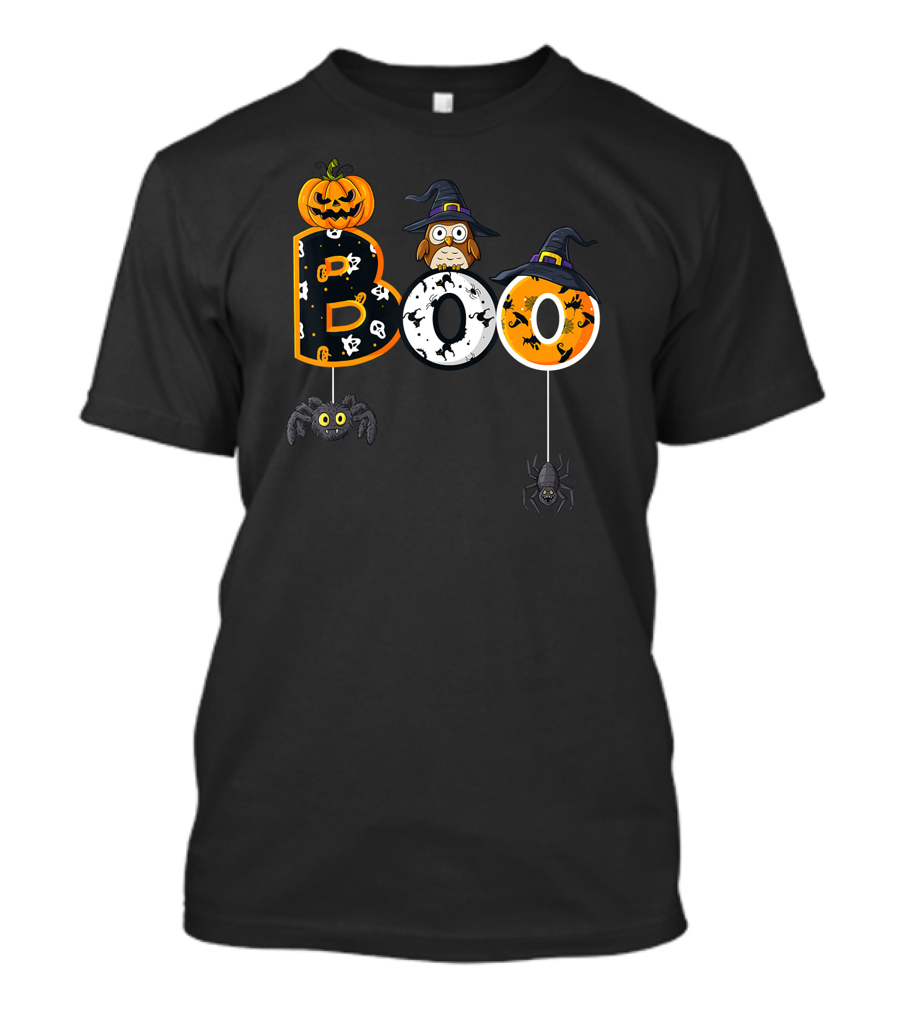 Halloween Boo Owl Witch Hat Pumpkin And Spiders T-Shirt