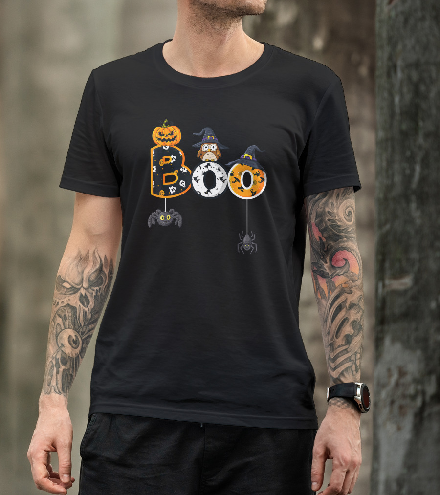 Halloween Boo Owl Witch Hat Pumpkin And Spiders T-Shirt