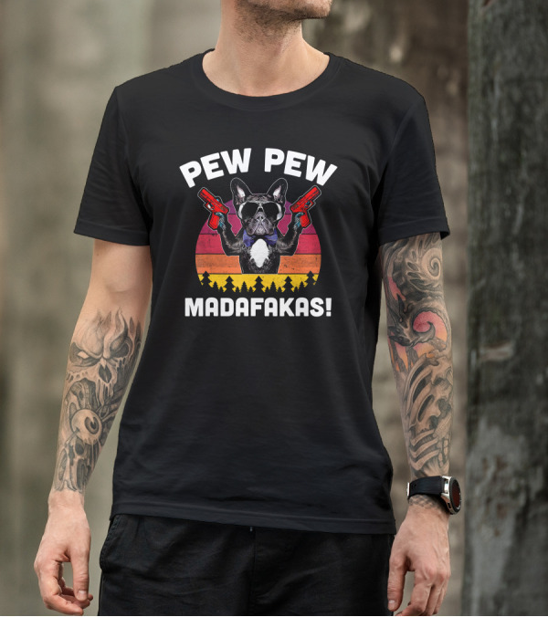 Pew Pew Madafakas Vintage French Bulldog Bowtie Sunglasses Retro Sunset T-Shirt