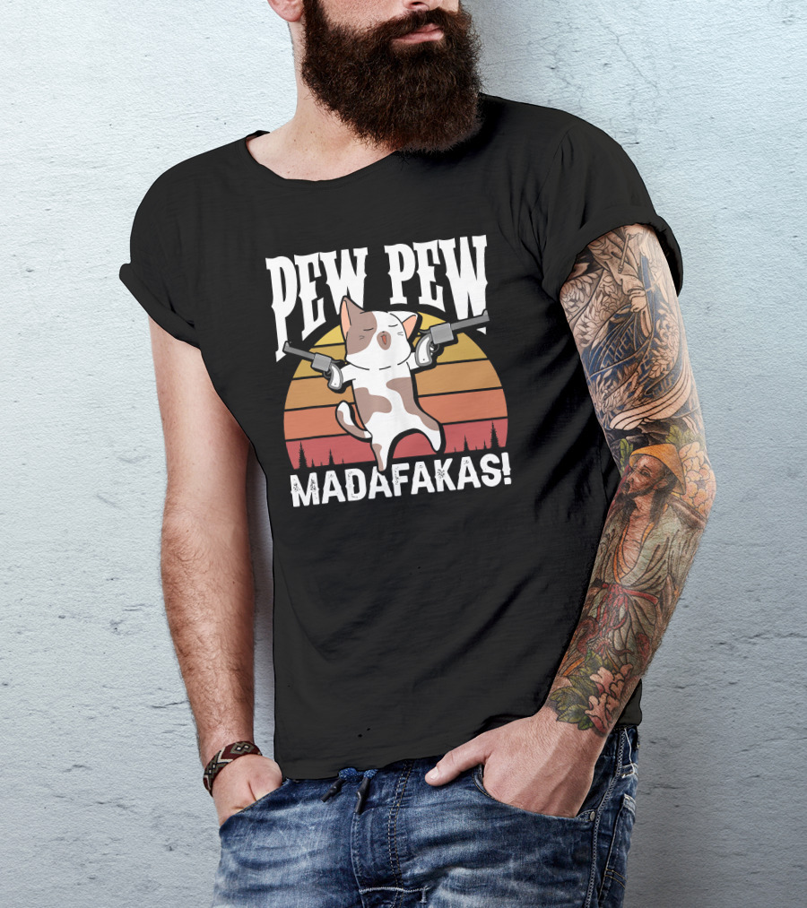 PEW PEW MADAFKAS Funny Cat With Guns Retro Gamer Players T-Shirt
