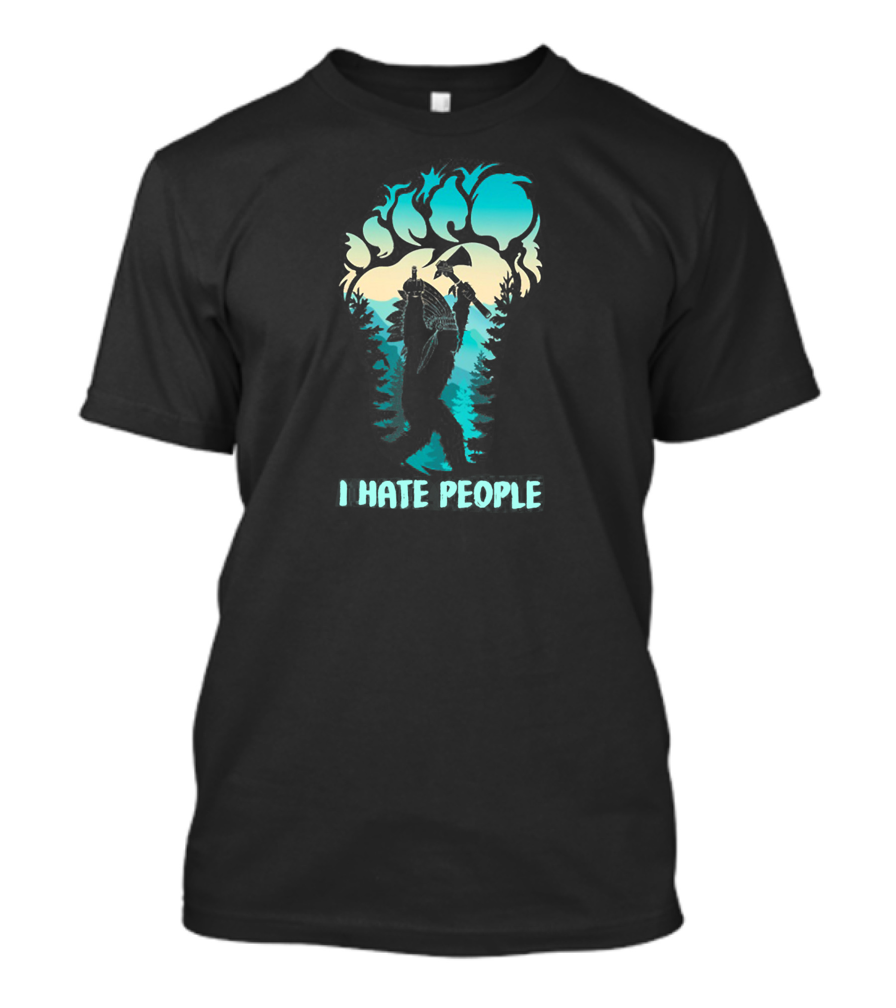 Native Bigfoot Silhouette Middle Finger I Hate People Forest Scene T-Shirt
