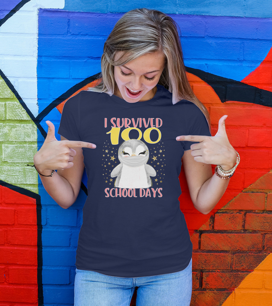 I Survived 100 School Days Cute Penguin Stars T-Shirt