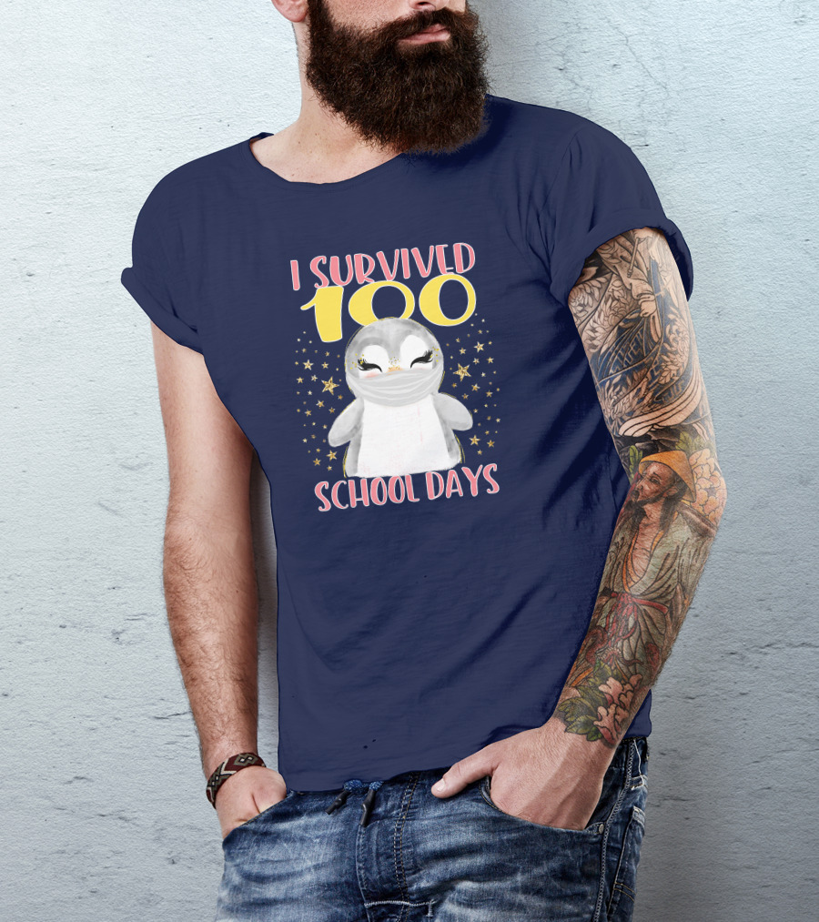 I Survived 100 School Days Cute Penguin Stars T-Shirt