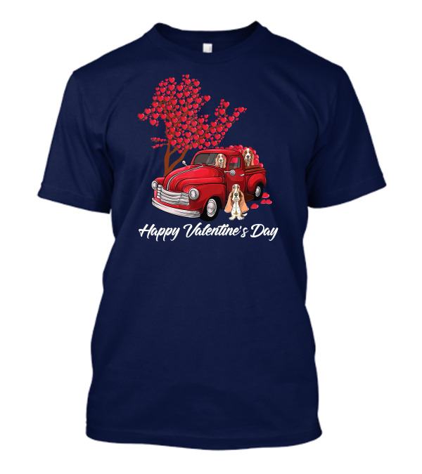 Happy Valentine's Day Basset Hound Dog In Red Truck With Heart Tree T-Shirt